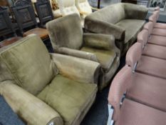 A vintage green corduroy lounge-suite comprising club-style three seater sofa, two armchairs