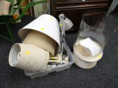 A metal anglepoise-style lamp, table lamps & shades, glass display stand E/T