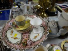 A large continental decorated tazza together with a Royal Doulton Shakespeare teacup & saucer -