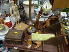 Tray of various treen items including carved wooden box, artist's model, corner shelf etc