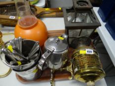 A vintage brass wall mounted oil lamp & shade, British rail / marine electroplate ice buckets &