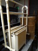 A vintage towel airer, two linen baskets & an old set of golf clubs in Slazenger bag etc