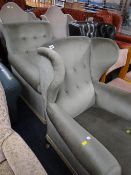 Vintage green draylon wing & button backed armchair together with another similar upholstered button