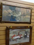 An oak framed hunting print by LUDOVICI together with an ornately framed print of a North American