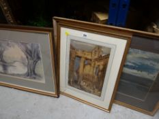 A framed print of wildfowl in flight by PETER SCOTT, framed watercolour signed D R MEEKS of a