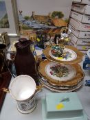 Three-piece EPNS teaset, circular EPNS tray, boxed flatware together with a cake stand, Coalport