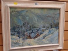 Oil on board - North Wales village with mountains in background signed KELLY
