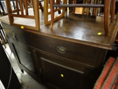 A vintage oak sideboard together with rush seated chairs & an embroidered fire screen