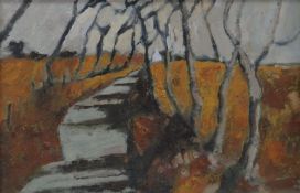 ELIS GWYN oil on board - landscape with tree-lined lane to whitewashed cottage, entitled verso 'Y