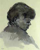 SIR KYFFIN WILLIAMS RA inkwash - circa 1955 head and shoulders portrait of a boy in profile, being