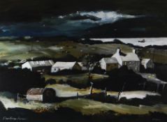 JOHN KNAPP FISHER mixed media - farm house & farm buildings on coastline, with Albany Gallery