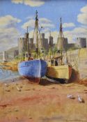 G WARREN WILLIAMS (son of Warren Williams) oil on board - fishing boats tied up at quayside at low