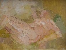 EWART JOHNS oil on board - reclining figure, entitled verso 'Nude 1960', signed with initials, 26