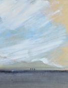 ROGER CECIL mixed media - three distant hiker figures in a valley landscape with mountains beyond,