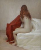 HARRY HOLLAND oil on board - figure seated with two drapes, entitled verso 'Rubicon', and dated