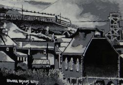 HOWELL DAVIES acrylic on board - South Wales mining-town, signed, 16 x 24cms