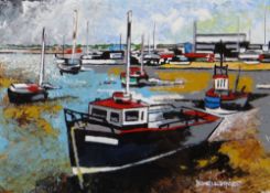 HOWELL DAVIES acrylic on board - colourful beached boats, signed, 17 x 23cms