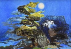 GLYN MORGAN oil on board - abstract tree & hills in moonlight, entitled verso 'Landscape Motif I',