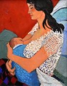 CLAUDIA WILLIAMS oil on canvas - young mother breastfeeding, entitled verso 'Mother & Child by a Red