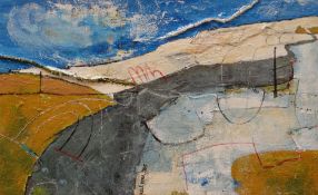 PAUL REES FRSA acrylic and construction on board - landscape with blue-sky, entitled verso 'County