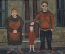 JACK JONES oil on board - vignette of a family of three standing in a terraced street, entitled