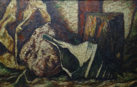 ALFRED JANES oil on board - impasto still-life of a shell and wooden log, signed and dated 1948,