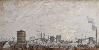 MAUREEN PHIPPS oil on board - Port Talbot steel works skyline with National Eisteddfod of Wales