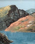 GWYN ROBERTS oil on canvas - Snowdonia lake, entitled verso 'Llyn Ogwen', signed with initials, 47 x