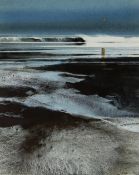 NAOMI TYDEMAN watercolour & gold leaf - waves breaking on beach, entitled verso 'Moonlight