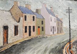 JACK JONES oil on board - row of valley terraced houses & telegraph pole, Attic Gallery label verso,