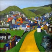 LAURIE WILLIAMS oil on canvas - South Wales valleys settlement with a cluster of colourful houses,