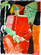 EWART JOHNS watercolour - semi-abstract of a seated female with hands clasped to the front, signed