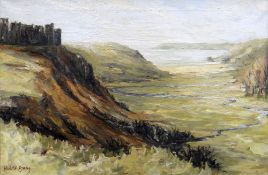 VALERIE GANZ oil on canvas - Gower Peninsula view with Pennard Castle and Three Cliffs Bay,