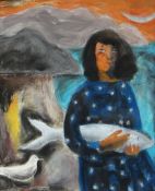 SUSAN GATHERCOLE mixed media - figure holding a fish in a coastal landscape (possibly Caernarfon