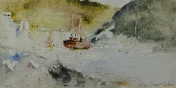 JOHN KNAPP FISHER watercolour - figures and boats in Pembrokeshire harbour, entitled verso '