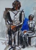 JOSEF HERMAN mixed media - two figures, one standing face-on, the other seated with legs crossed, 25