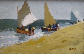 DONALD McINTYRE oil on board - figures & boats, entitled verso 'Before the Race', signed with