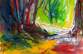 PENELOPE TIMMIS mixed media - colourful landscape, entitled 'The Wood', signed, 31 x 48cms