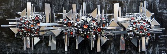 ELIZABETH LEWIS relief construction using scrap metal and mixed media on board - abstract, signed