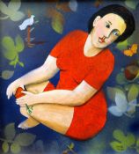 PAUL REES FRSA acrylic on board - figure in short red-dress holding a plant while gazing dreamily at