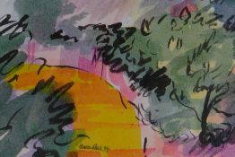 ANNE REES watercolour - colourful landscape with trees, signed and dated 94, 11 x 16cms
