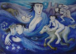 MURIEL DELAHAYE pastel - narrative from 'Y Mabinogion' with the characters Blodeuwedd, Rhiannon