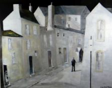JOHN KNAPP FISHER oil - figure at a door and figure in the road amongst tall buildings under a black