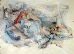 RAY HOWARD JONES mixed media - landscape with mask, entitled 'Amores' on original label with 10gns
