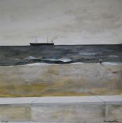 JOHN KNAPP FISHER oil - the parallel lines of horizon, shoreline and seawall with commercial