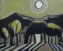 KARL DAVIES oil on canvas - moonlit landscape with horses and shadows, entitled verso 'Ponies