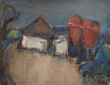 WILL ROBERTS oil on board - farm buildings with red barn, signed with initials, 36 x 46cms