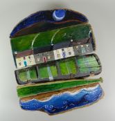 LIZZIE SPIKES mixed media on driftwood - row of seaside houses with smoking chimneys under a night
