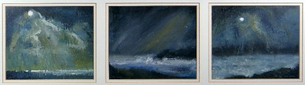 WILF ROBERTS oil on card, triptych - each a view of moonlit stormy seas and entitled verso on
