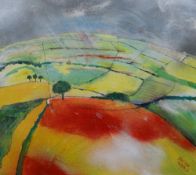 PAUL REES FRSA acrylic on board - colourful hilly landscape with fields and trees, entitled verso '